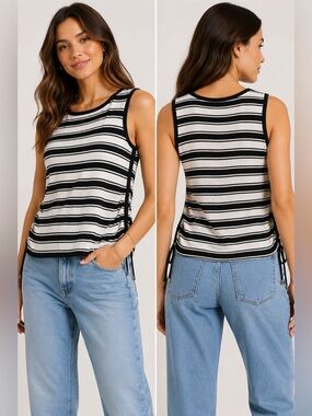Michael Kors Black White Striped Ruched Side Tank Top Size S NWT